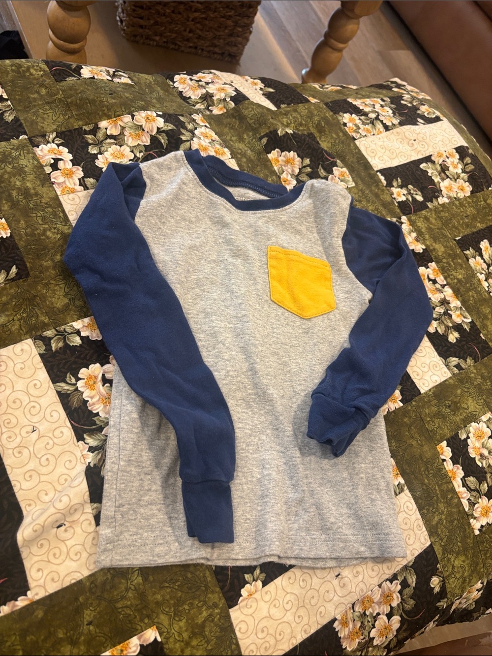Carter's Gray Raglan Long-Sleeve Shirt with Blue Sleeves and Yellow Pocket
